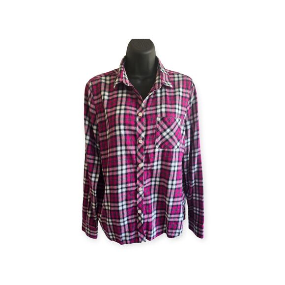 AMERICAN EAGLE OUTFITTERS Women SIze M Pink Plaid Flannel Button Front Shirt - Picture 1 of 6